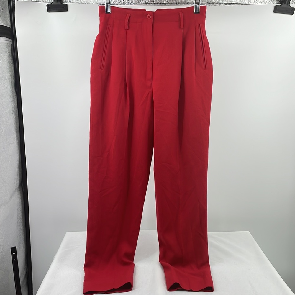 Vintage 90s Henri Bendel Red 100% Wool High Waisted Pleated Trousers USA Size 6